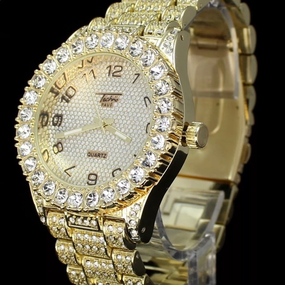 TECHNOPAVE Accessories Mens Gold Finished Iced Out Lab Diamond